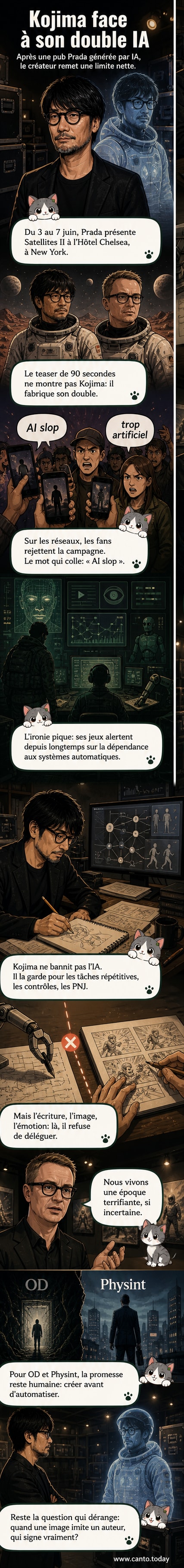 Illustration stylisée d'Hideo Kojima et Nicolas Winding Refn en astronautes sur une planète étrangère, entourés d'éléments numériques flottants, avec un style visuel qui contraste entre l'humain et la synthèse IA.