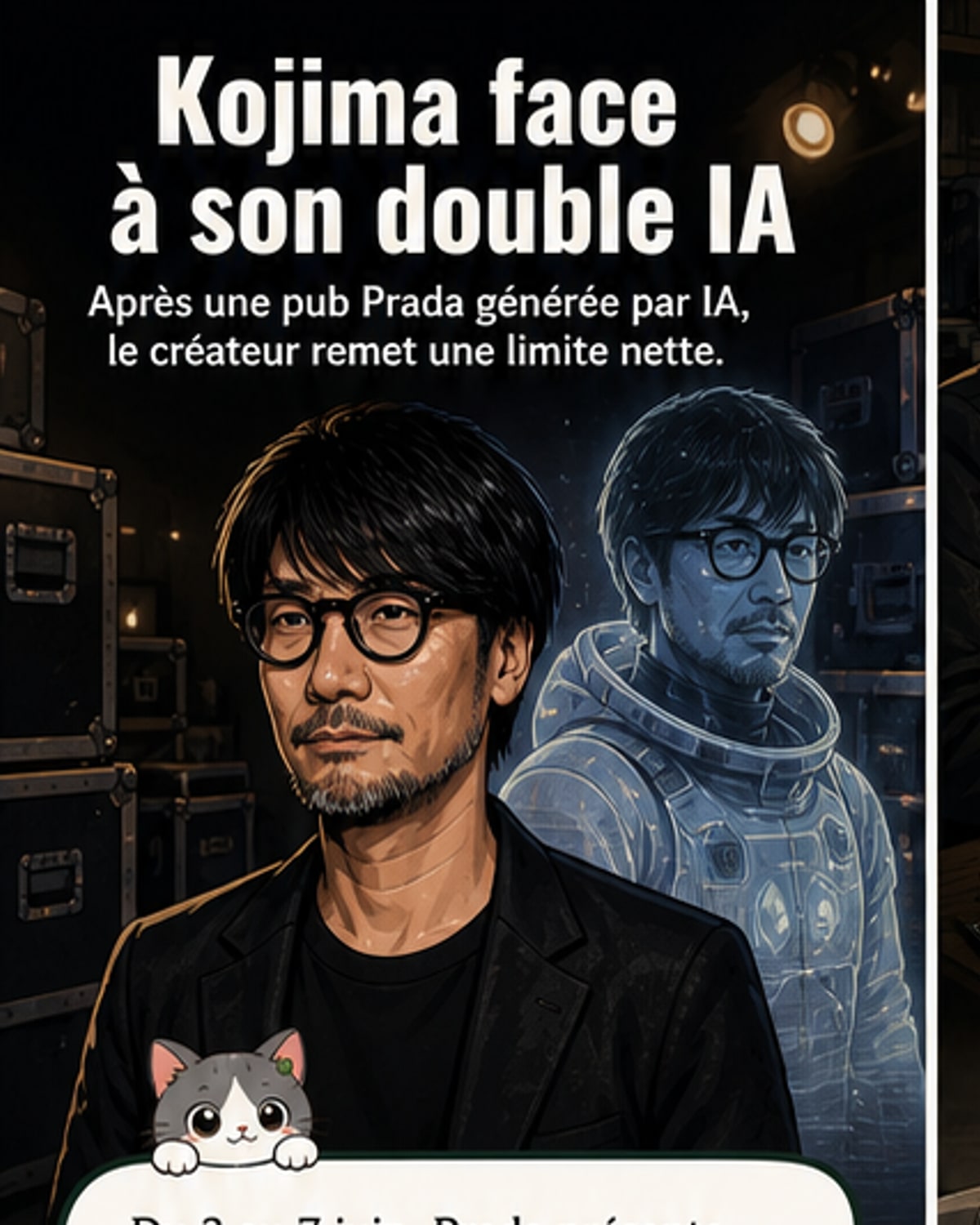 Illustration stylisée d'Hideo Kojima et Nicolas Winding Refn en astronautes sur une planète étrangère, entourés d'éléments numériques flottants, avec un style visuel qui contraste entre l'humain et la synthèse IA.