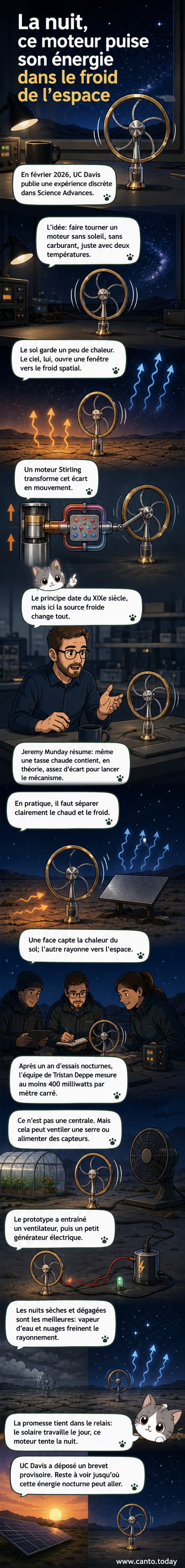 Illustration d’un moteur Stirling posé au sol la nuit, avec un panneau orienté vers le ciel étoilé, exploitant l’écart thermique entre la Terre et l’espace.