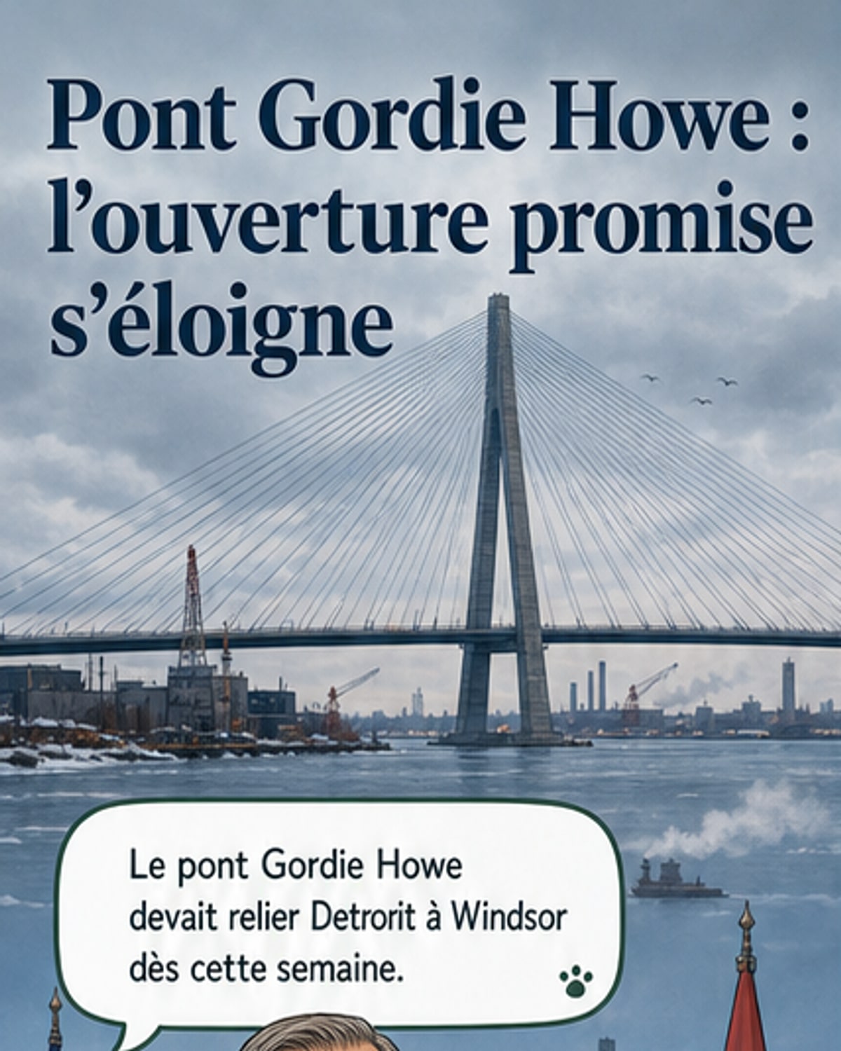 Vue aérienne du pont Gordie Howe en construction, reliant Windsor (Canada) et Détroit (États-Unis), avec des grues et des structures métalliques visibles.