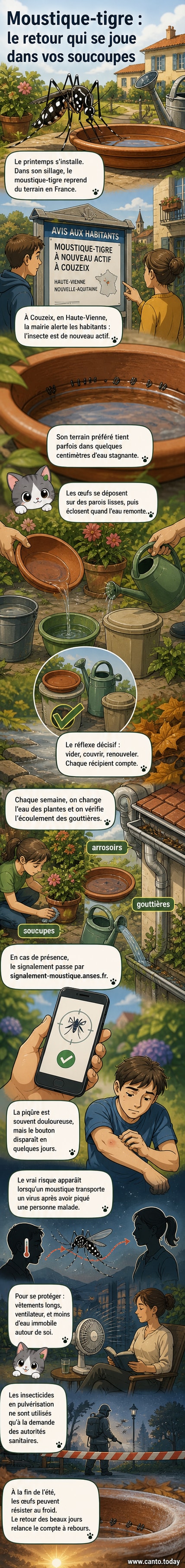 Illustration d’un moustique tigre posé sur une feuille, entouré de petits récipients avec de l’eau stagnante, sous un ciel estival.