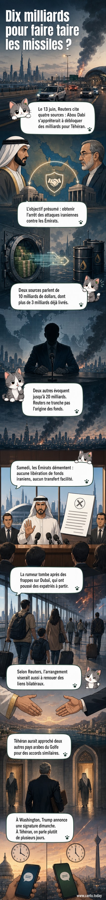 Illustration d’un échange financier entre les Émirats arabes unis et l’Iran, avec des avions militaires en arrière-plan, symbolisant les attaques et les négociations géopolitiques.