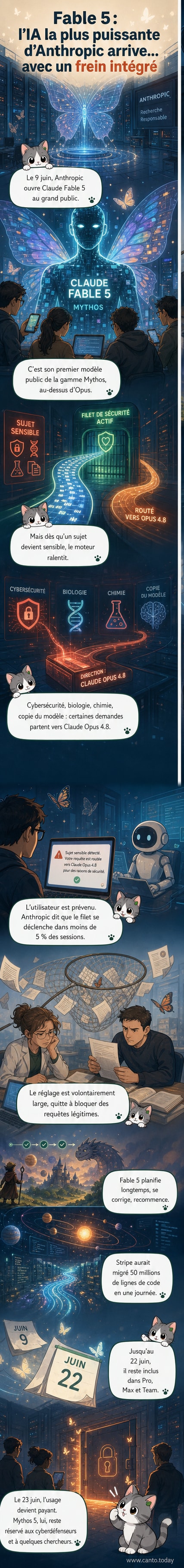 Illustration d'une intelligence artificielle puissante mais avec un frein symbolique sur des sujets sensibles comme la biologie et la cybersécurité.