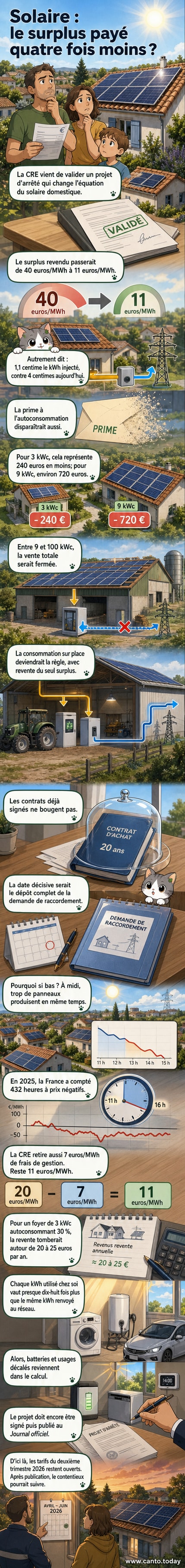Illustration d'une maison avec des panneaux solaires sur le toit, un compteur électrique affichant une baisse de revenu, et un graphique montrant la chute du tarif de rachat de 40 à 11 €/MWh.