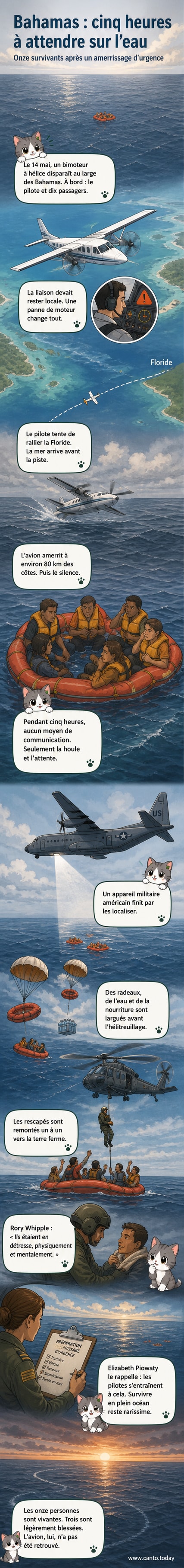 Illustration d'un petit avion amerrissant sur une mer agitée, entouré de radeaux de survie et observé depuis un hélicoptère de secours.