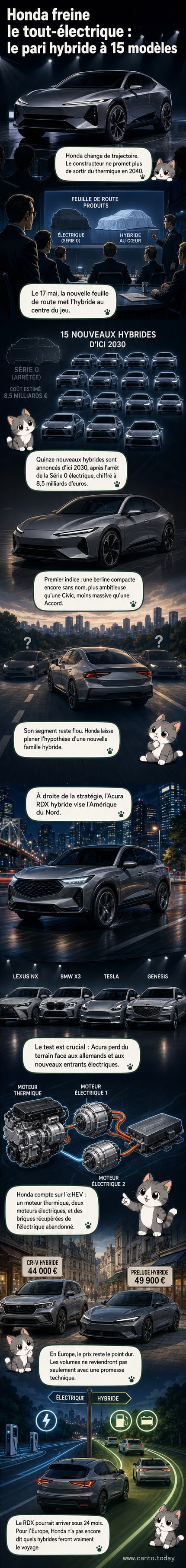 Deux prototypes Honda : une berline compacte aux lignes élancées et un SUV Acura RDX hybride, présentés lors de l'assemblée annuelle du constructeur.