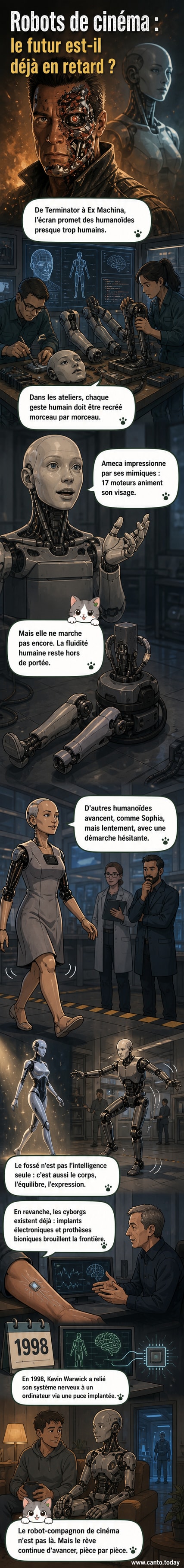 Illustration comparant un robot humanoïde de science-fiction comme celui d'Ex Machina à un robot réel comme Ameca, mettant en évidence les différences d'expressivité, de mobilité et de réalisme.