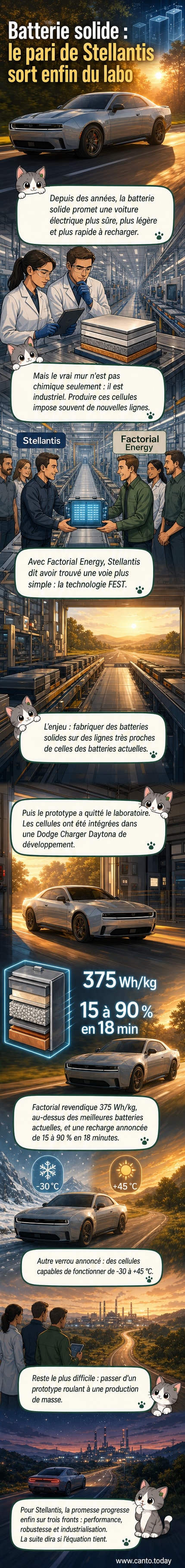 Illustration d'une batterie solide intégrée dans une voiture électrique, avec des graphiques montrant densité énergétique et temps de recharge comparés aux batteries traditionnelles.