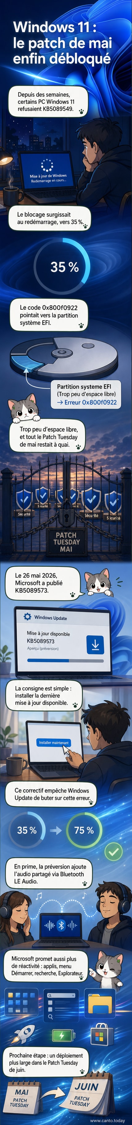 Illustration d’un PC bloqué sur une erreur de mise à jour Windows 11, avec une partition EFI en surbrillance et un correctif Microsoft en cours de téléchargement.