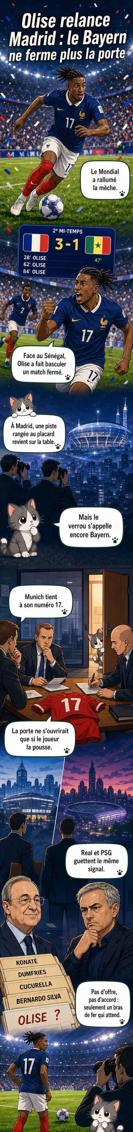 Illustration stylisée de Michael Olise en tenue de l'équipe de France, dribblant sous les projecteurs d'un stade de Coupe du monde, avec en arrière-plan les logos du Real Madrid et du Bayern Munich.