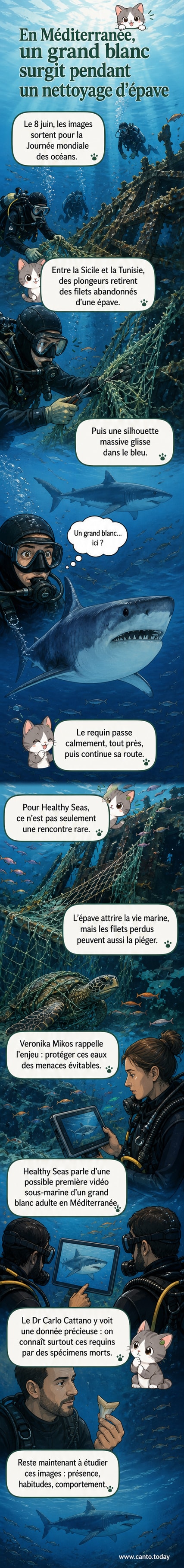 Illustration d’un grand requin blanc nageant calmement près de plongeurs en Méditerranée, entre la Sicile et la Tunisie.