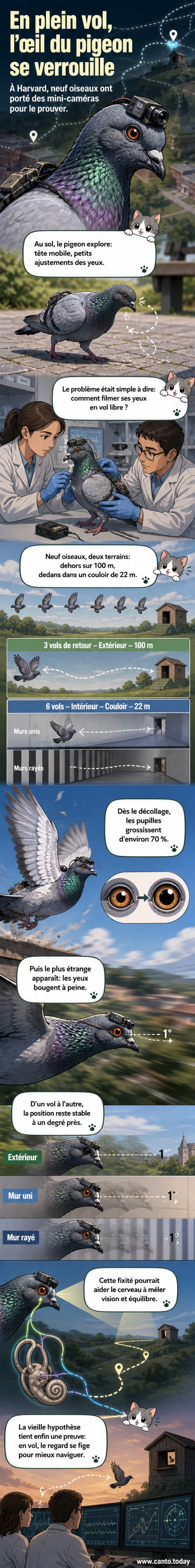 Illustration d’un pigeon en vol avec un regard fixe, contrastant avec son comportement oculaire au sol, accompagnée de schémas montrant l’agrandissement de la pupille et l’alignement oculaire-interne.