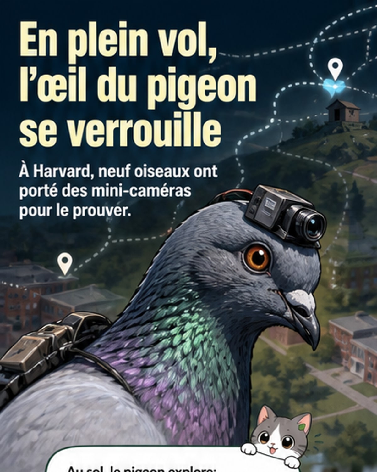 Illustration d’un pigeon en vol avec un regard fixe, contrastant avec son comportement oculaire au sol, accompagnée de schémas montrant l’agrandissement de la pupille et l’alignement oculaire-interne.