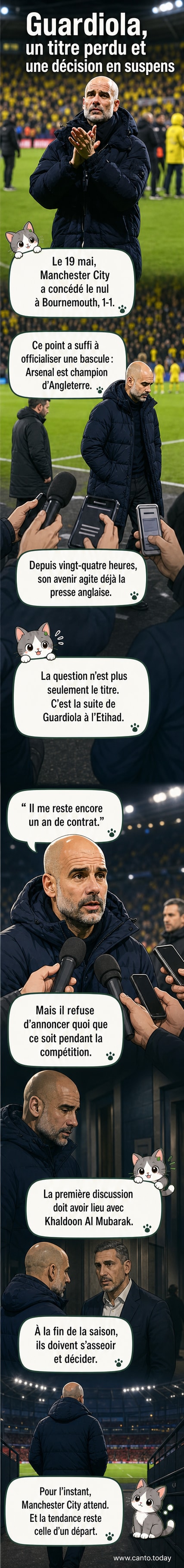 Pep Guardiola en costume sombre sur le bord du terrain, regardant le match de loin, avec l'enceinte de Bournemouth en arrière-plan.