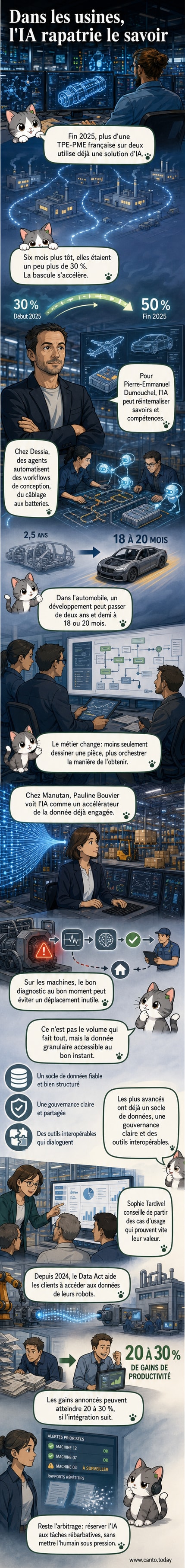 Illustration d'une usine connectée où des ingénieurs interagissent avec des interfaces d'IA, montrant des flux de données entre machines et écrans numériques.
