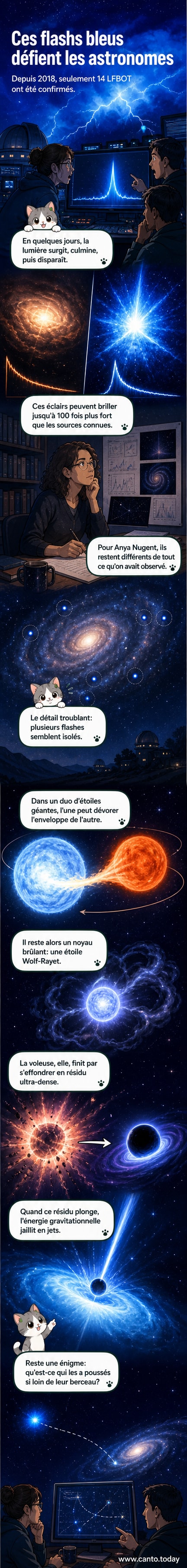 Illustration d’un éclair bleu intense dans l’espace, provenant d’une galaxie lointaine, avec un trou noir s’approchant d’une étoile Wolf-Rayet.