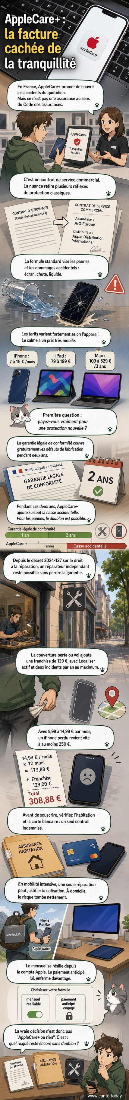 Illustration d'un iPhone et d'un MacBook avec des icônes de protection et d'argent, accompagnée d'un point d'interrogation, symbolisant le dilemme autour de la valeur réelle d'AppleCare+.