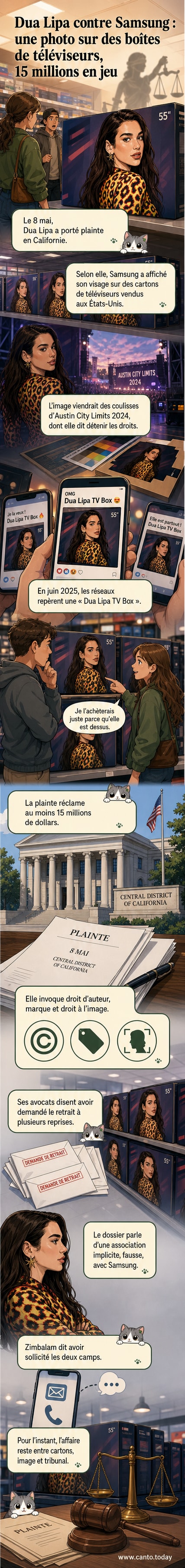 Illustration stylisée de Dua Lipa regardant une boîte de téléviseur Samsung avec son visage imprimé dessus, l'air surpris, dans un décor de magasin d'électronique.