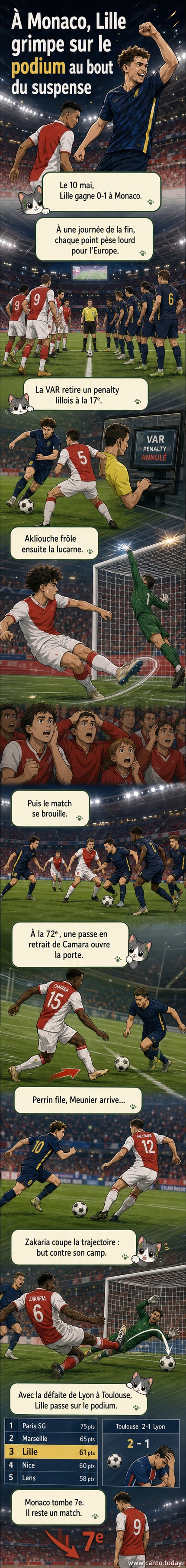 Illustration d'un match de football entre Lille et Monaco, avec un joueur de Monaco détournant maladroitement le ballon vers son propre but sous les yeux d'un joueur de Lille.