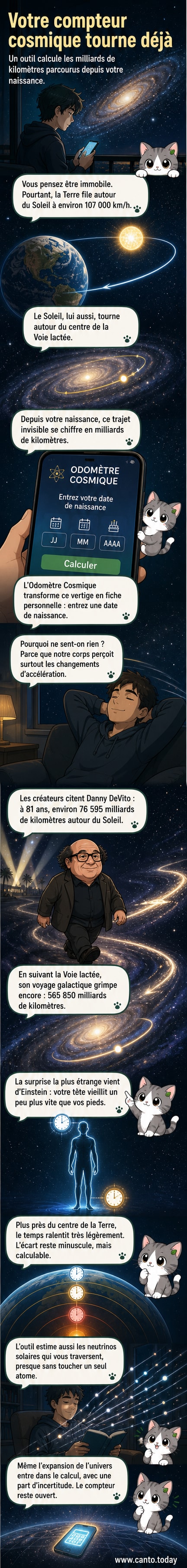 Illustration d’un humain flottant dans l’espace, relié à des trajectoires orbitales autour du Soleil et de la galaxie, avec des chiffres en milliards de kilomètres et des effets de relativité temporelle entre la tête et les pieds.