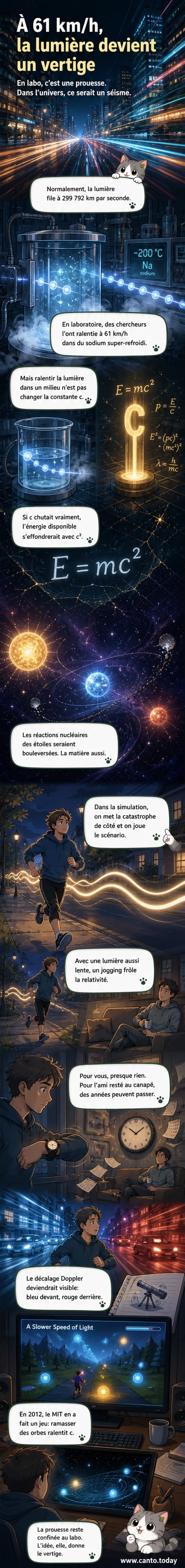Illustration d’un photon ralenti à 61 km/h dans un environnement de laboratoire, avec des effets visuels de déformation de l’espace-temps.