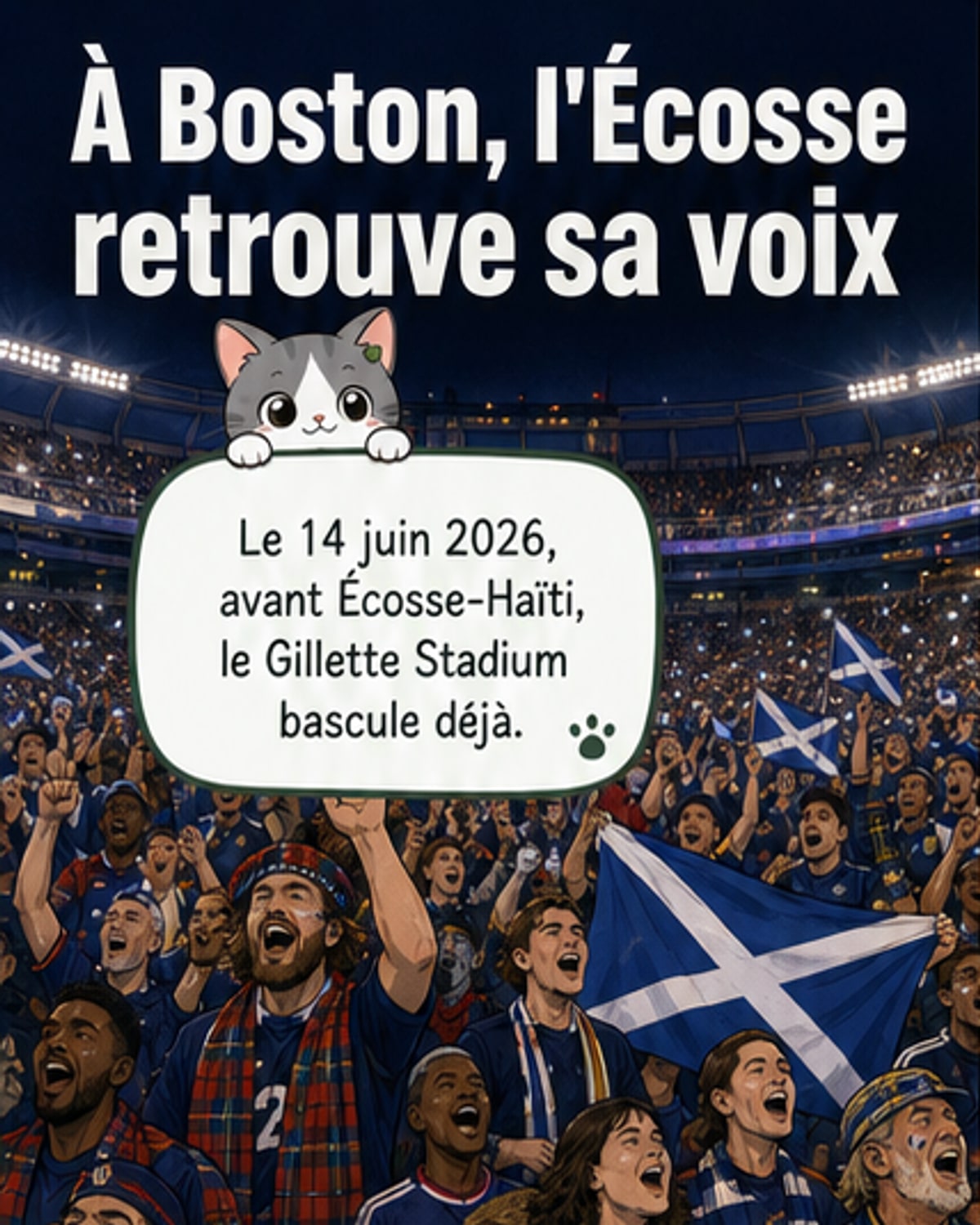 Des milliers de supporters écossais en kilt chantent « Flower of Scotland » debout dans le stade de Boston, avant le match contre Haïti.