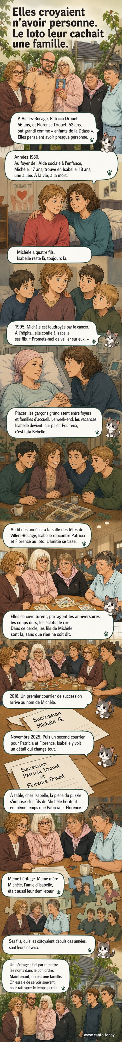 Deux sœurs et leurs proches sourient ensemble lors d’un rassemblement familial, entourées de photos anciennes et d’objets symbolisant leurs retrouvailles après des décennies d’ignorance.