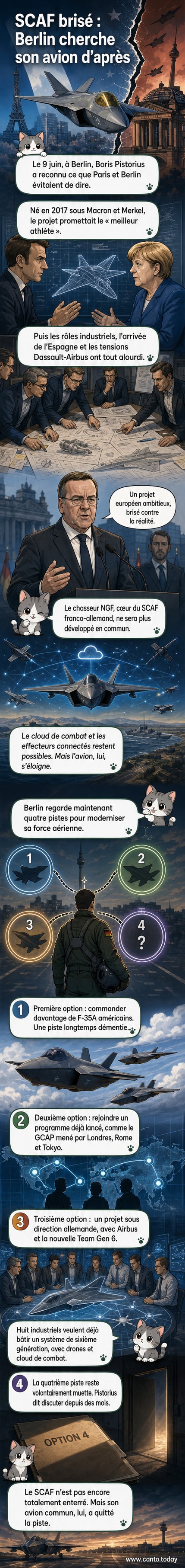 Illustration d’un avion de chasse de 6e génération entouré de symboles allemands et européens, avec un F-35 en arrière-plan.