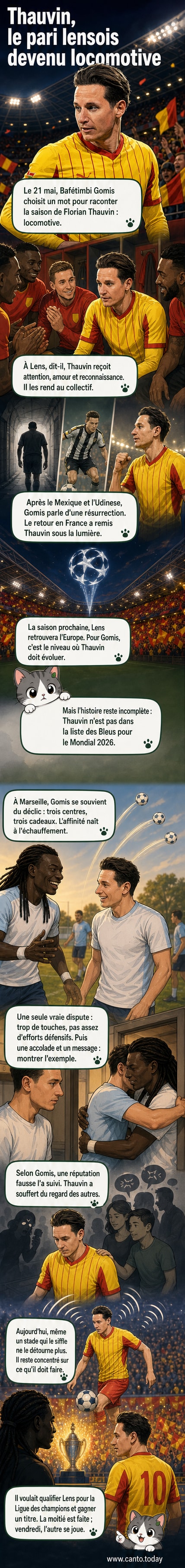 Illustration stylisée de Florian Thauvin en tenue de RC Lens, bras levés sous une pluie de confettis, avec en arrière-plan le stade de France et Bafétimbi Gomis lui souriant depuis les gradins.