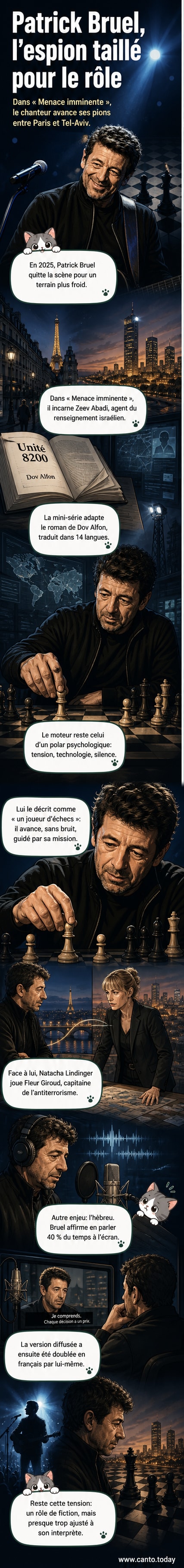 Patrick Bruel en costume sombre, regard intense, dans une scène de la série 'Menace imminente', arrière-plan urbain nocturne entre Paris et Tel Aviv.