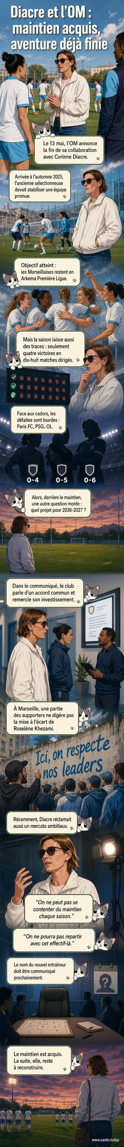 Corinne Diacre sur le banc de touche de l'OM, regardant le terrain avec un air concentré, entourée de son staff.