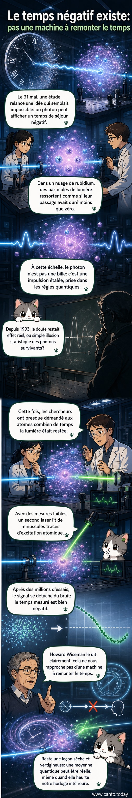 Illustration d’un photon traversant un nuage d’atomes, avec une flèche temporelle en arrière-plan montrant une valeur négative.