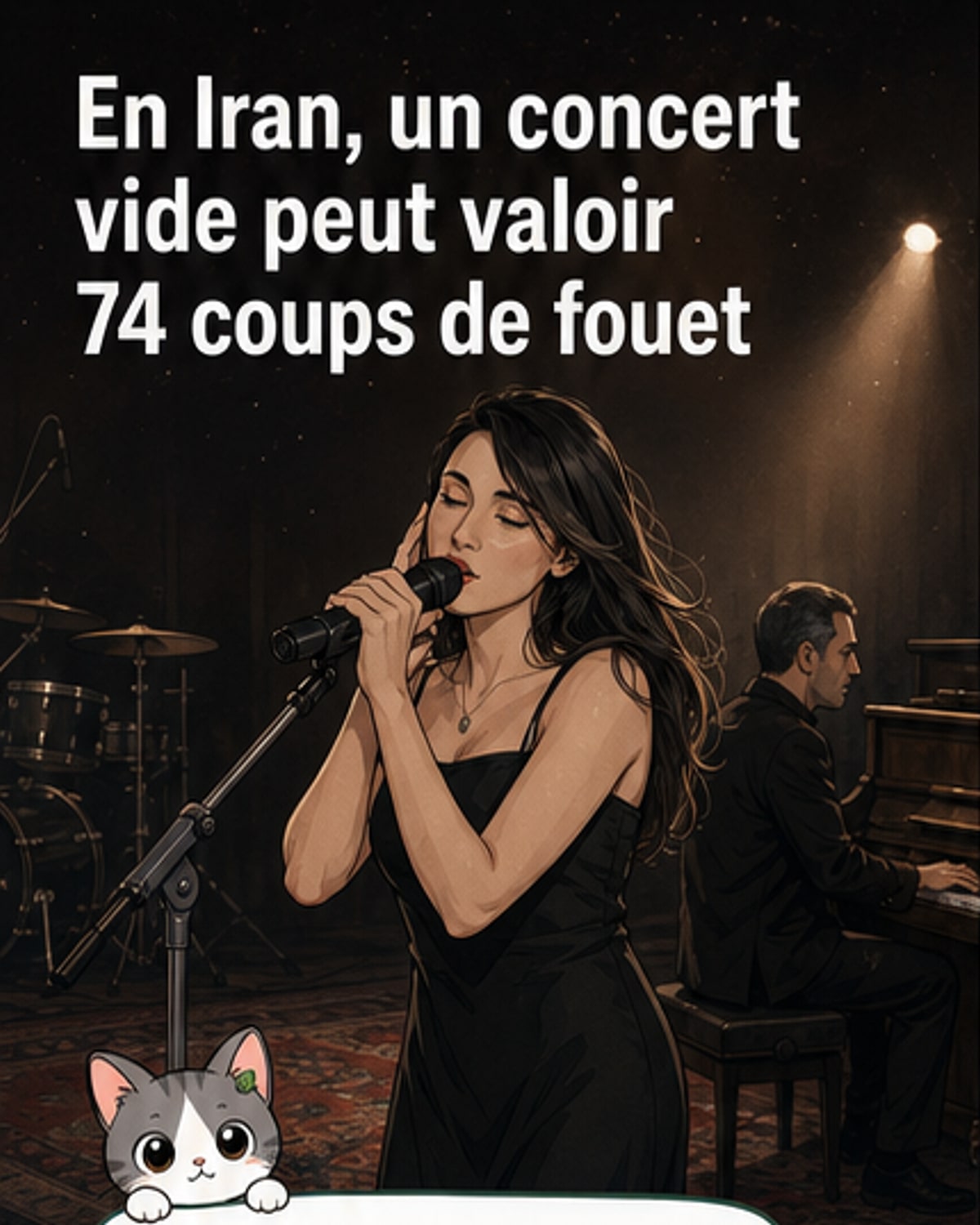 Illustration d'une chanteuse iranienne sur scène dans un caravansérail, entourée de musiciens, avec en arrière-plan un tapis persan et une lumière tamisée, symbolisant un concert clandestin.