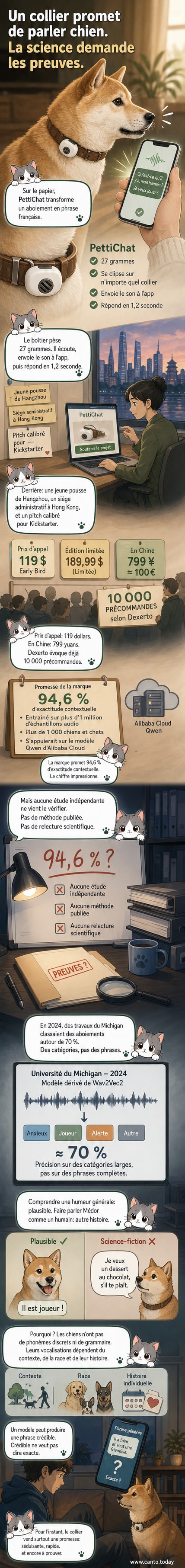 Illustration d'un chien portant un collier connecté avec une bulle de dialogue affichant une phrase en français, entouré d'icônes de processeur et d'ondes sonores.