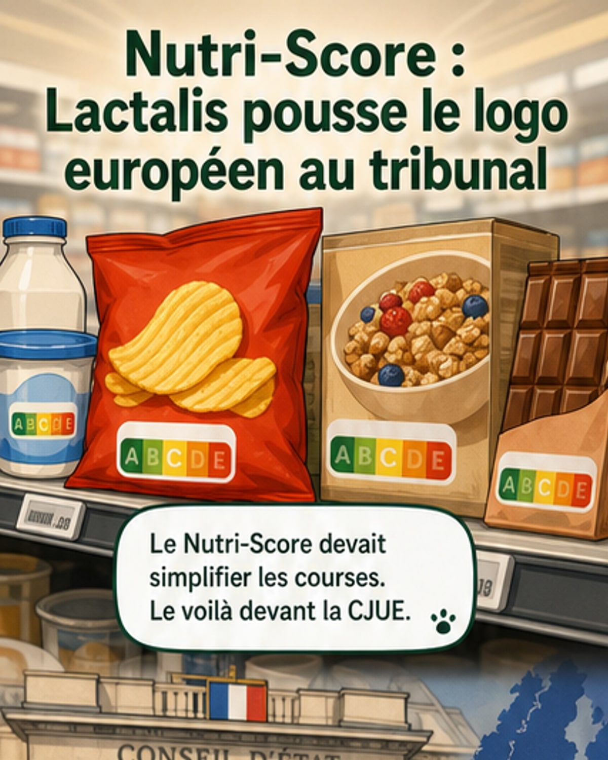 Illustration d'une bataille judiciaire autour du logo Nutri-Score, avec des aliments classés de A à E et un bâtiment de justice en arrière-plan.