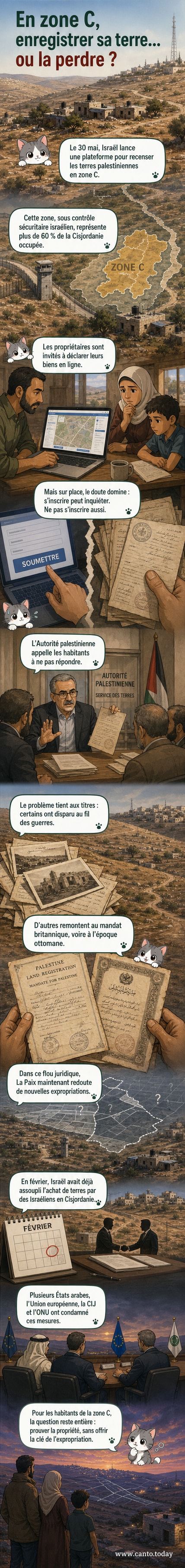 Illustration d'une carte de la Cisjordanie avec la zone C en surbrillance, et des familles palestiniennes hésitant devant un formulaire numérique.