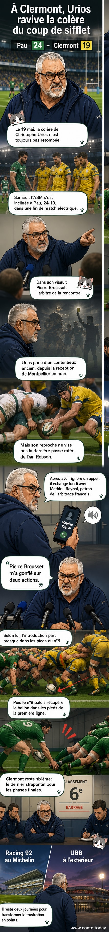 Christophe Urios, coach de Clermont, bras croisés, l'air tendu, lors d'un match de Top 14, avec à l'arrière-plan un terrain de rugby sous lumière artificielle.
