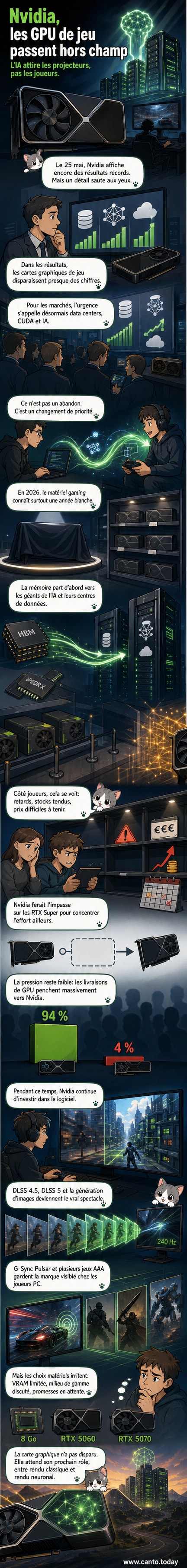 Illustration stylisée d'une carte graphique Nvidia RTX entourée d'icônes représentant l'IA, des jeux vidéo et des data centers, avec un écran de PC affichant du ray tracing en arrière-plan.