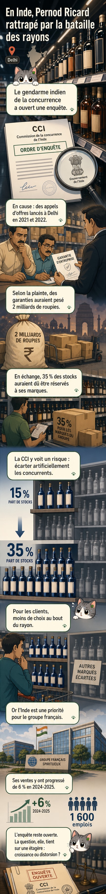 Illustration d'une bouteille de whisky Chivas Regal entourée de documents officiels et de symboles indiens, avec un badge de la Competition Commission of India en arrière-plan.