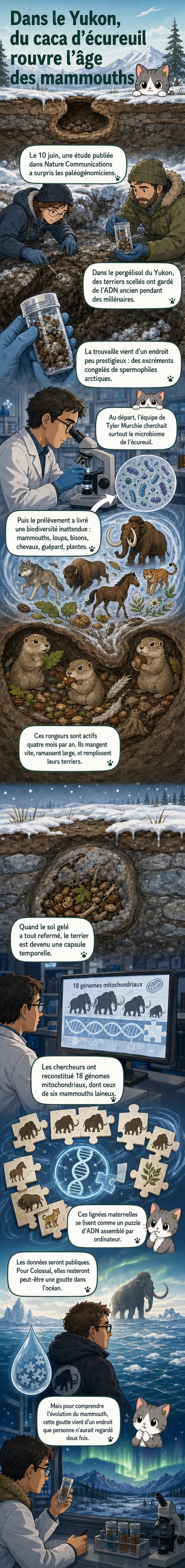 Illustration d’un terrier d’écureuil sous la neige au Yukon, avec des fragments d’ADN visibles dans des excréments congelés, et en arrière-plan un mammouth laineux fantomatique.
