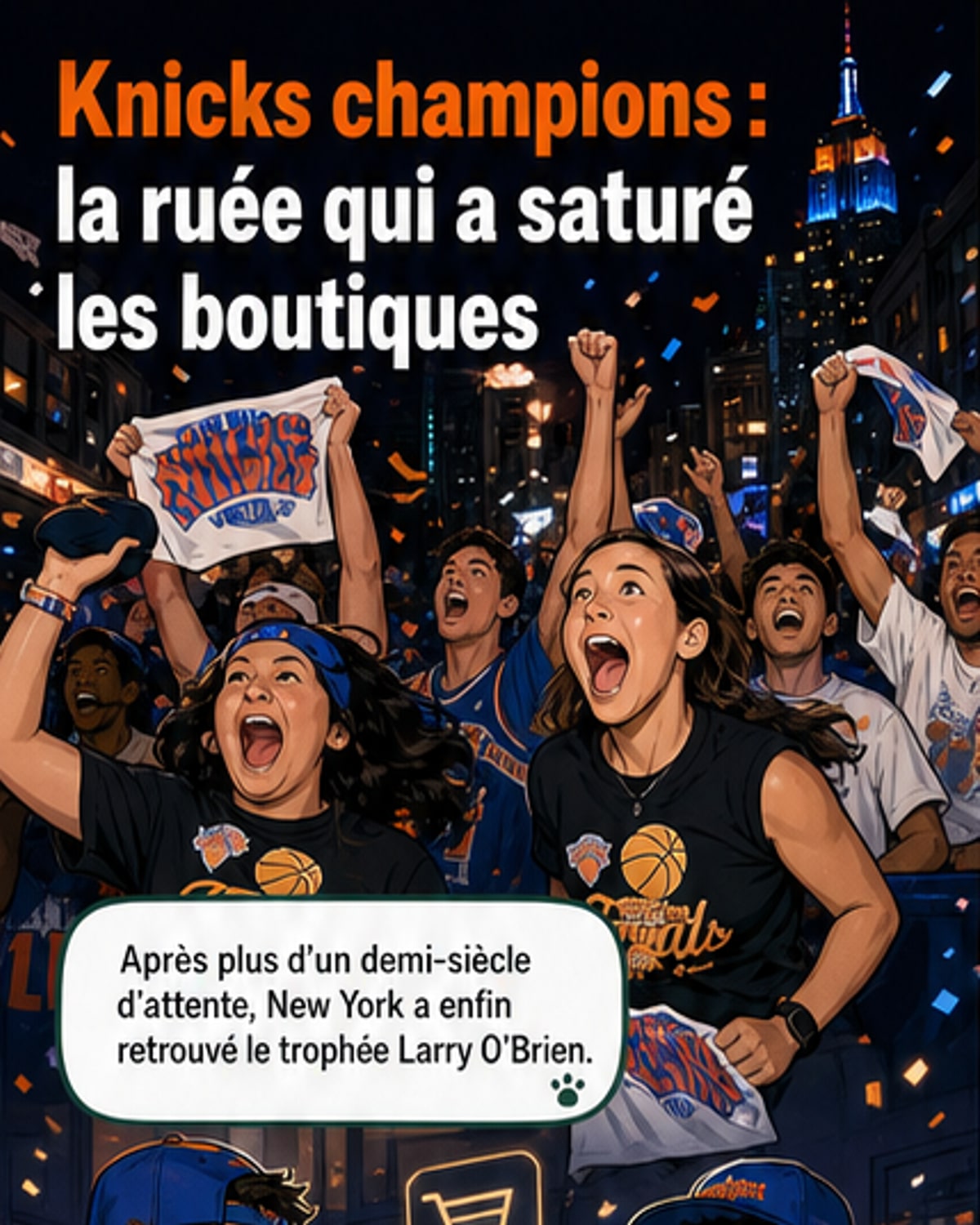 Illustration d'un maillot des Knicks entouré de casquettes, de cartes à collectionner et d'un graphique montrant une courbe de ventes en forte hausse.