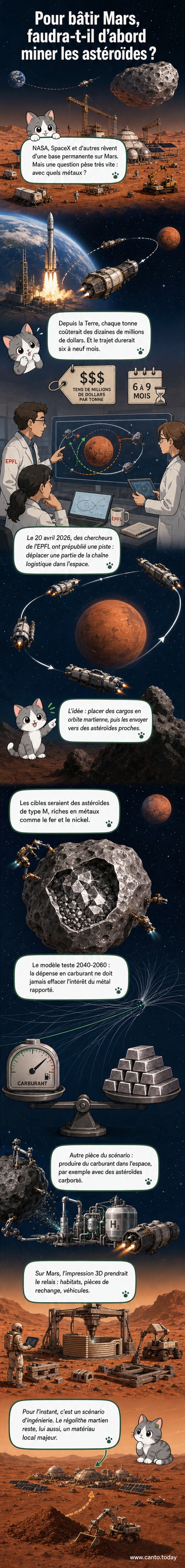Illustration d'un vaisseau spatial en train de forer un astéroïde métallique en orbite martienne, avec au loin une base en construction sur la surface rouge de Mars.