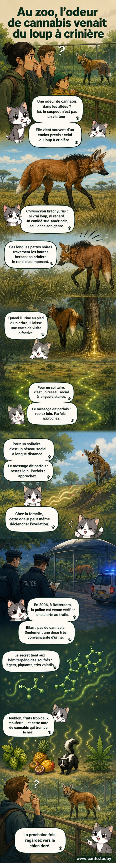 Illustration d’un loup à crinière dans un enclos de zoo, entouré d’une odeur stylisée rappelant celle du cannabis, avec des molécules en suspension dans l’air.