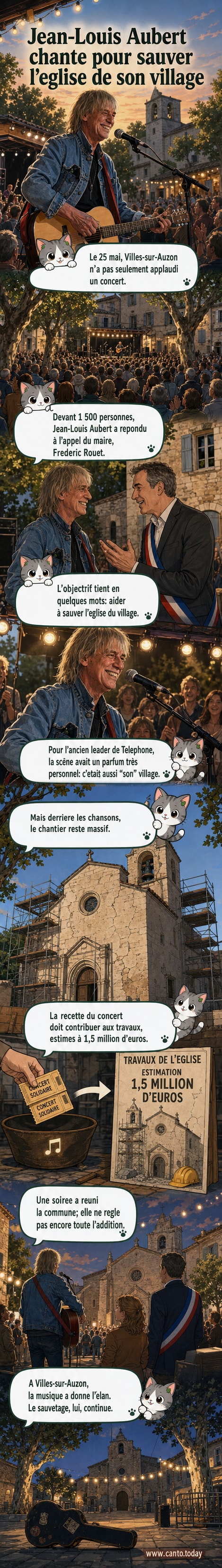 Jean-Louis Aubert sur scène lors d'un concert en plein air à Villes-sur-Auzon, entouré de villageois sous un ciel étoilé, devant l'église menacée de démolition.