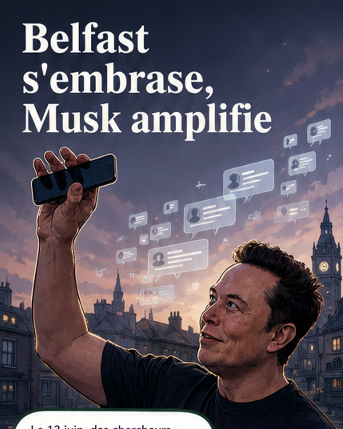 Illustration d'Elon Musk sur un écran géant diffusant des messages haineux, avec la foule en contrebas à Belfast.