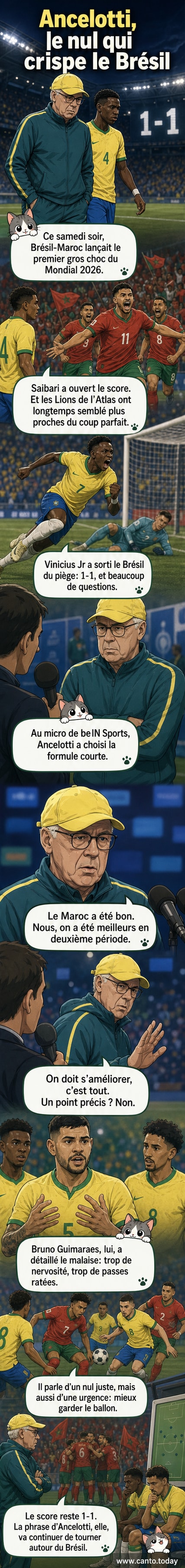 Carlo Ancelotti, visage neutre, en costume sur le bord du terrain, pendant le match Brésil contre Maroc à la Coupe du Monde 2026.