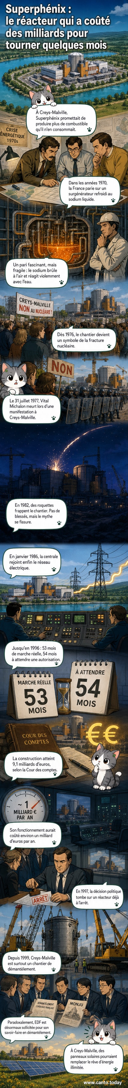 Illustration d’un réacteur nucléaire massif entouré de symboles de protestation, de flammes et de panneaux solaires, avec des chiffres de coût et de production en arrière-plan.