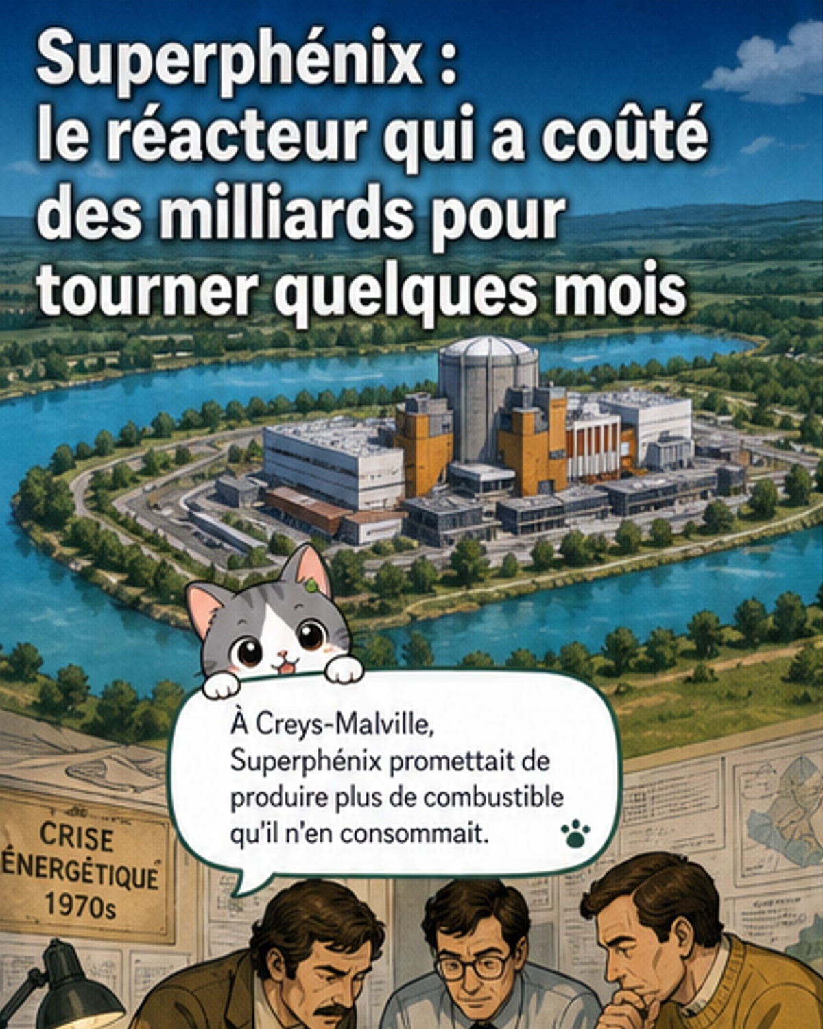 Illustration d’un réacteur nucléaire massif entouré de symboles de protestation, de flammes et de panneaux solaires, avec des chiffres de coût et de production en arrière-plan.
