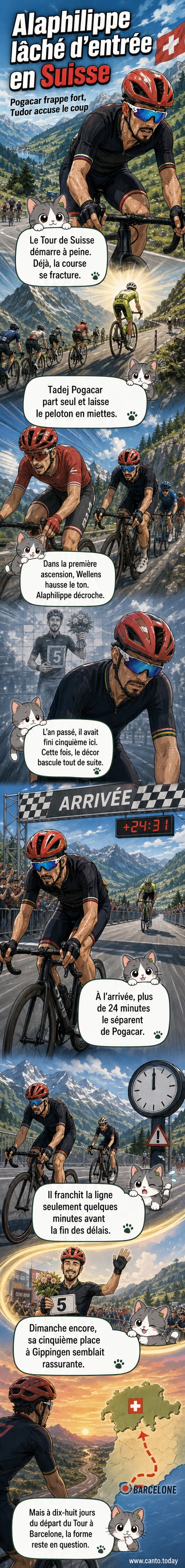 Julian Alaphilippe en difficulté sur une ascension lors de la première étape du Tour de Suisse, distancé par le peloton.