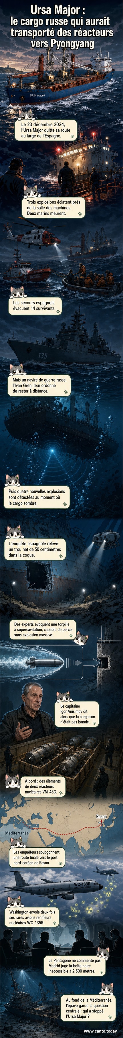 Illustration d'un cargo sombrant en Méditerranée, entouré de symboles représentant des réacteurs nucléaires et des torpilles, avec un navire militaire en arrière-plan.